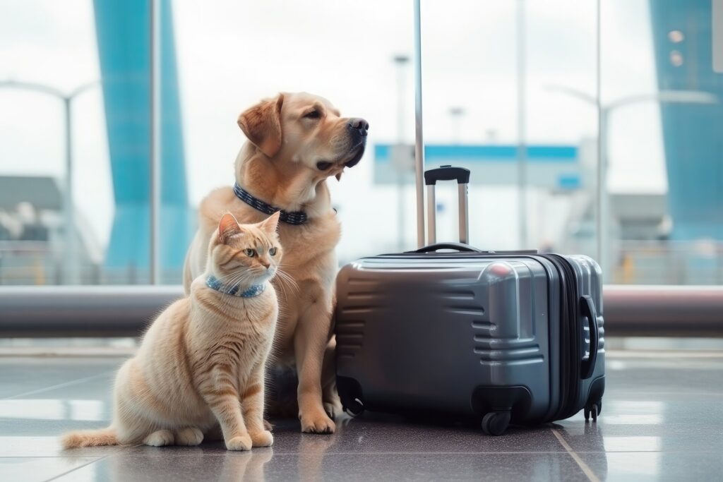 Katze und Hund mit einem Koffer auf dem Flughafen.