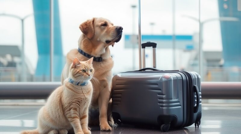 Katze und Hund mit einem Koffer auf dem Flughafen.